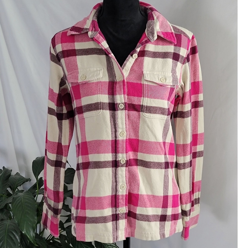 Patagonia Women Organic Cotton Flannel Shirt Pink Plaid Button Down Long Sleeve